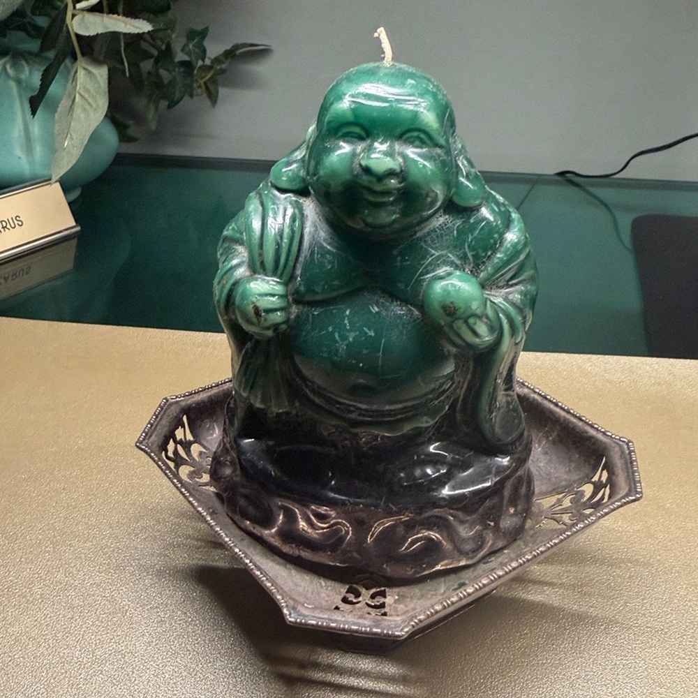 Green Buddha Candle with vintage silver tray holder